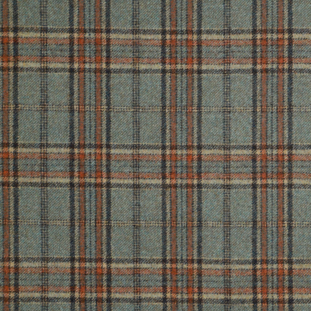 Muted aqua plaid fabric with rust and charcoal lines in a textured weave