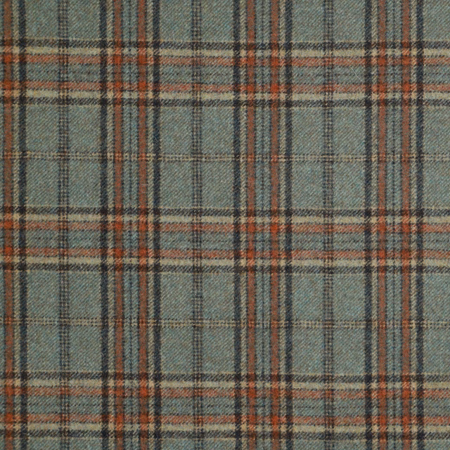 Muted aqua plaid fabric with rust and charcoal lines in a textured weave
