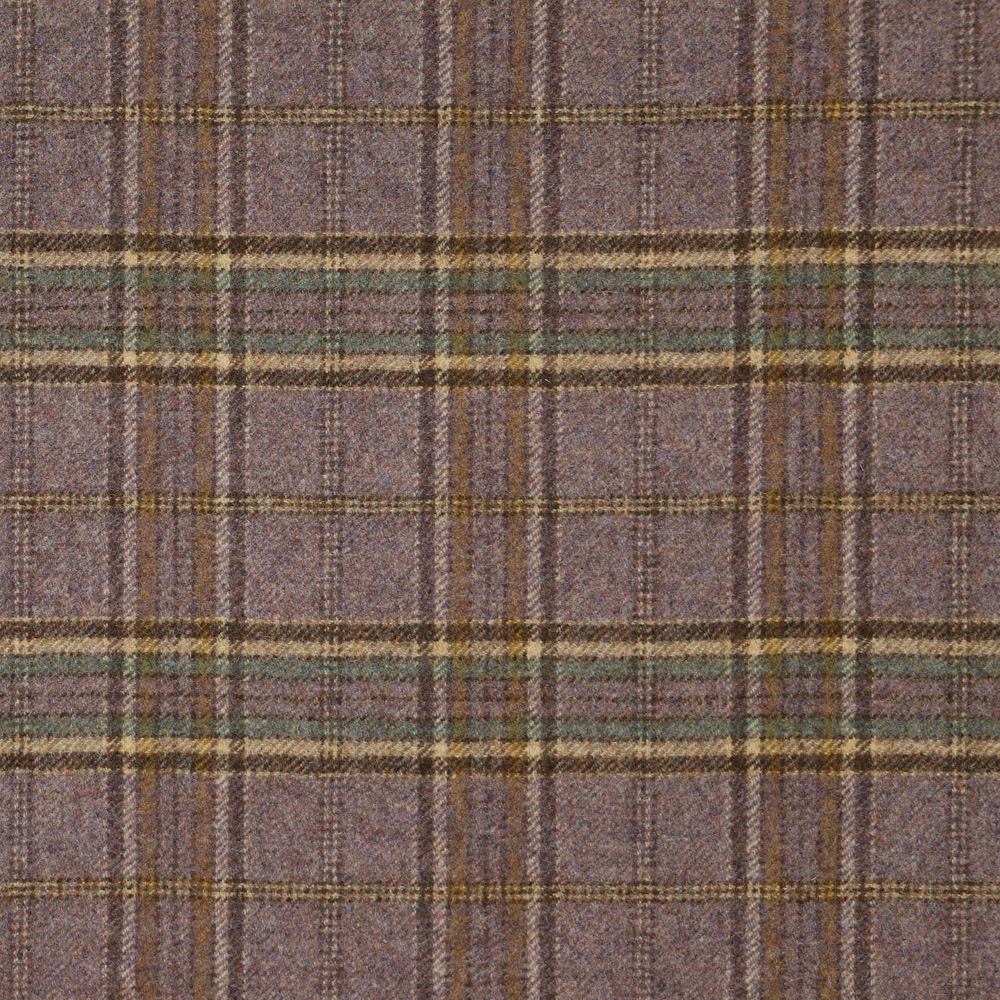 Muted lavender plaid with sage-olive bands and fine brown woven lines