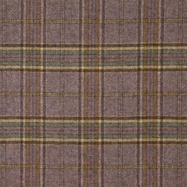 Muted lavender plaid with sage-olive bands and fine brown woven lines