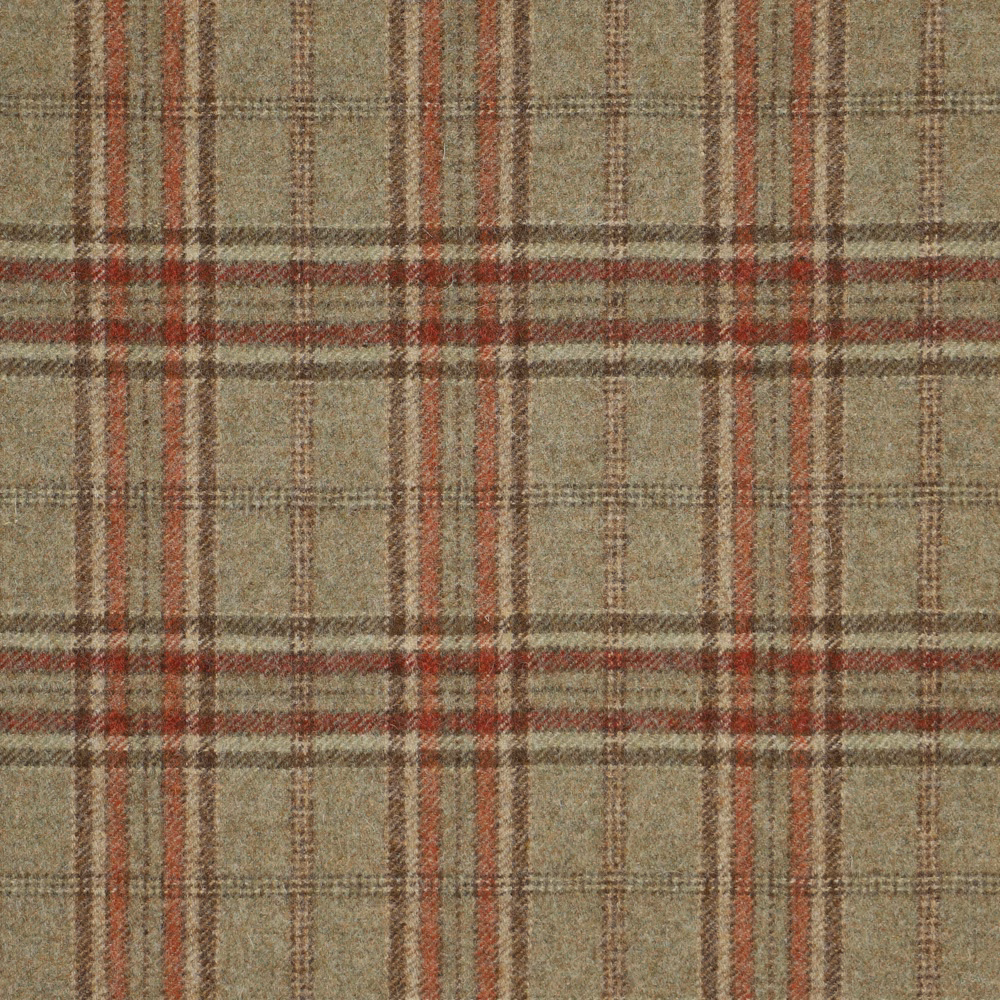 Muted sage plaid with brick-red and brown stripes in a nubby woven texture
