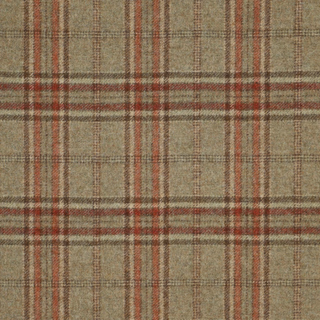 Muted sage plaid with brick-red and brown stripes in a nubby woven texture
