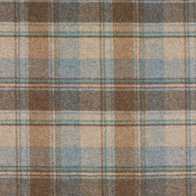 Muted eau de nil plaid with blue-green, taupe and brown woven checks