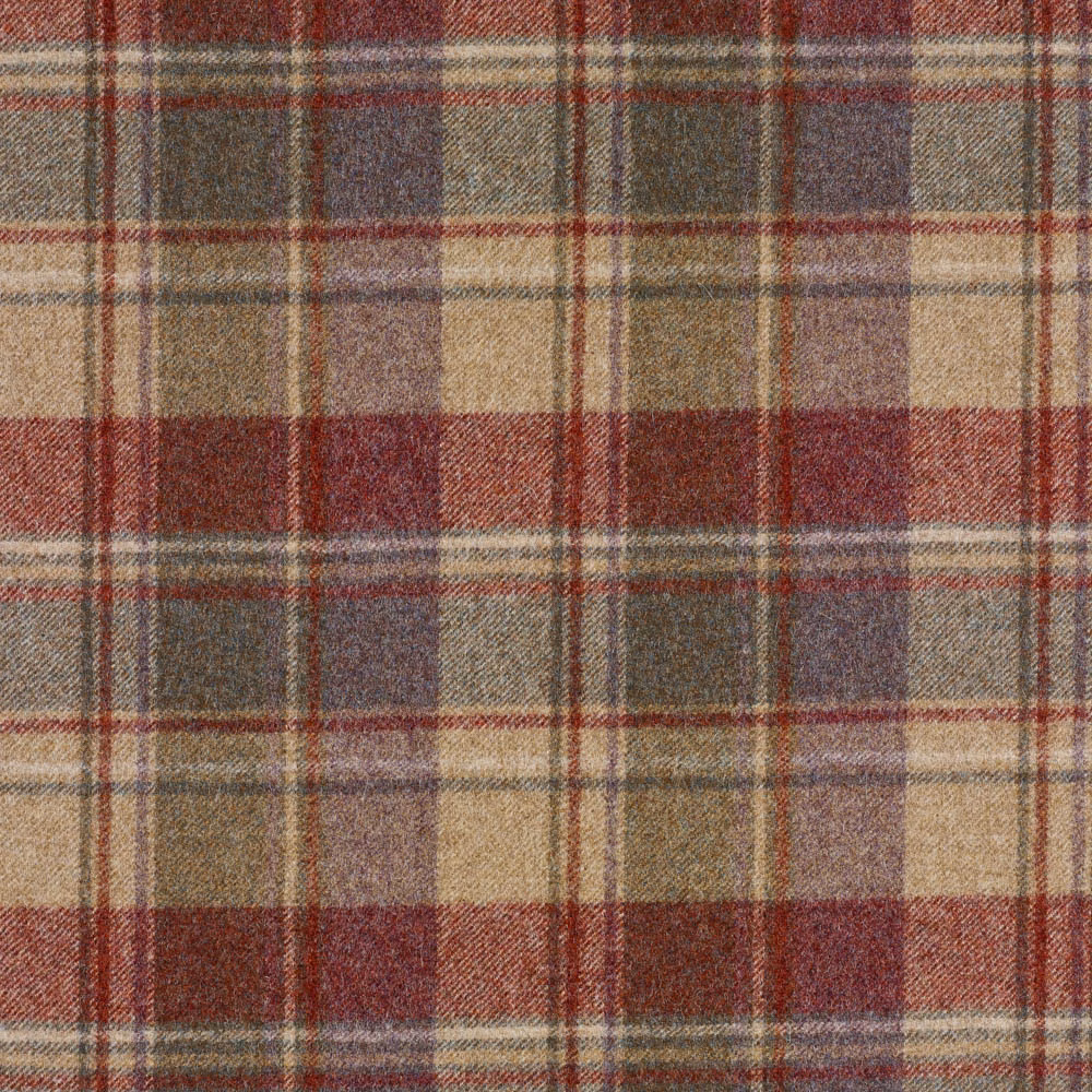 Muted burgundy, taupe, olive and cream large-scale plaid with a textured weave