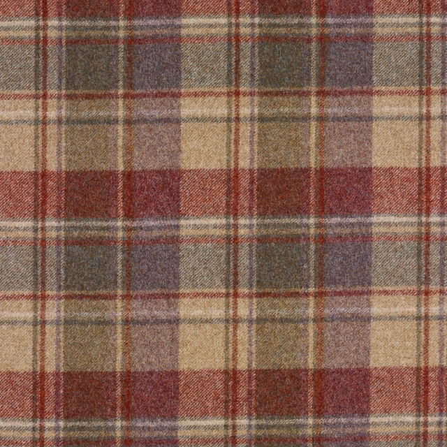 Muted burgundy, taupe, olive and cream large-scale plaid with a textured weave
