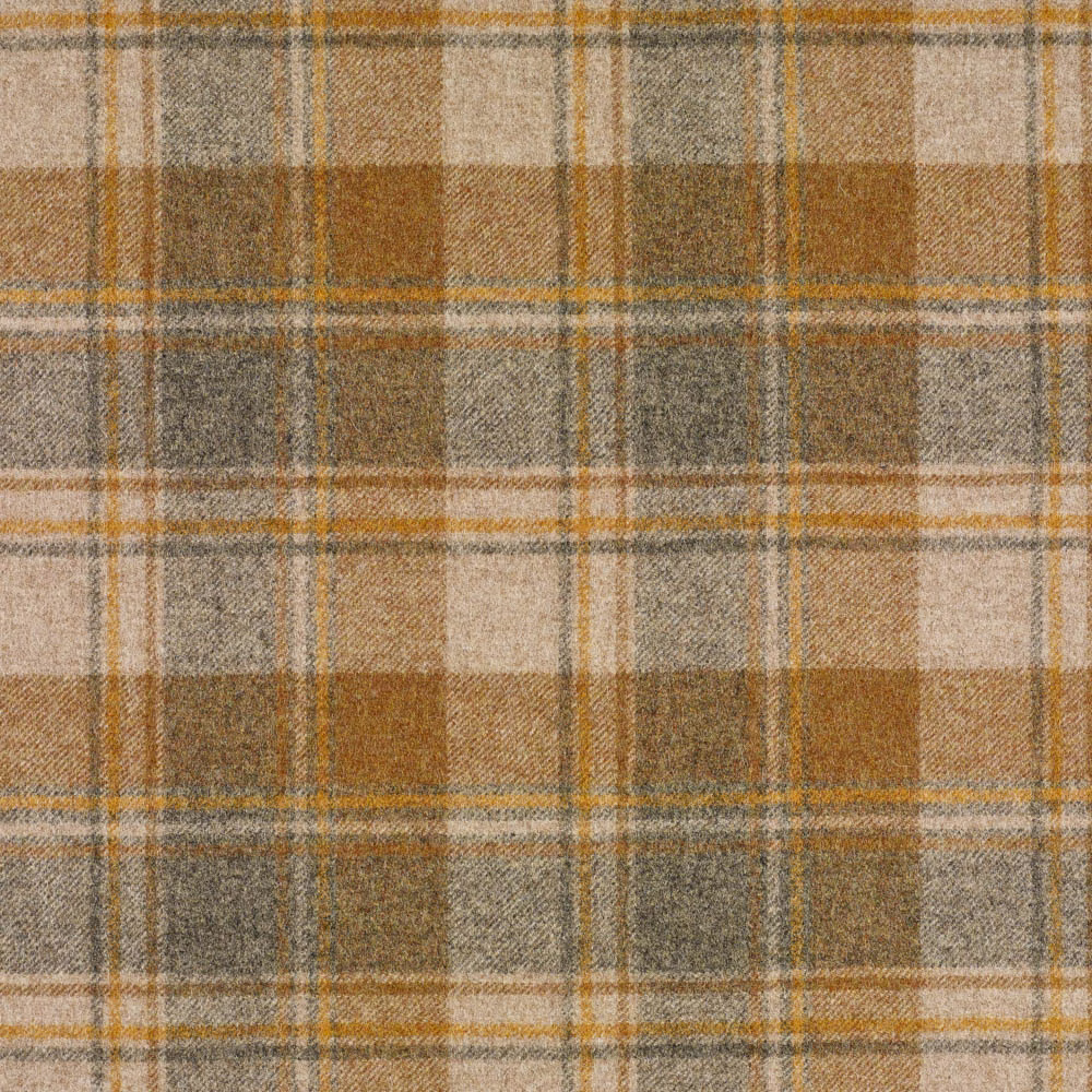 Warm mustard, taupe and grey woven plaid with softly flecked texture