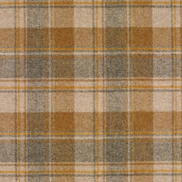 Warm mustard, taupe and grey woven plaid with softly flecked texture