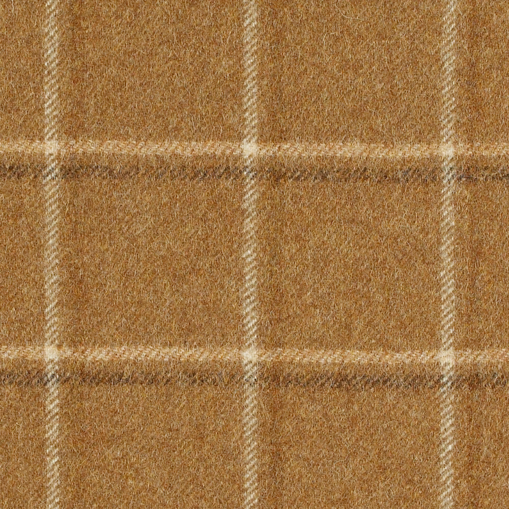Warm camel-brown brushed check with broad cream windowpane lines