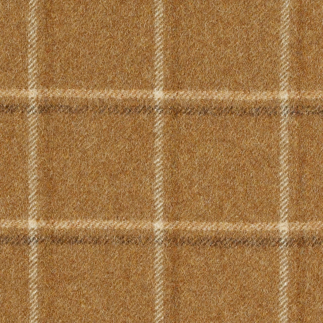 Warm camel-brown brushed check with broad cream windowpane lines