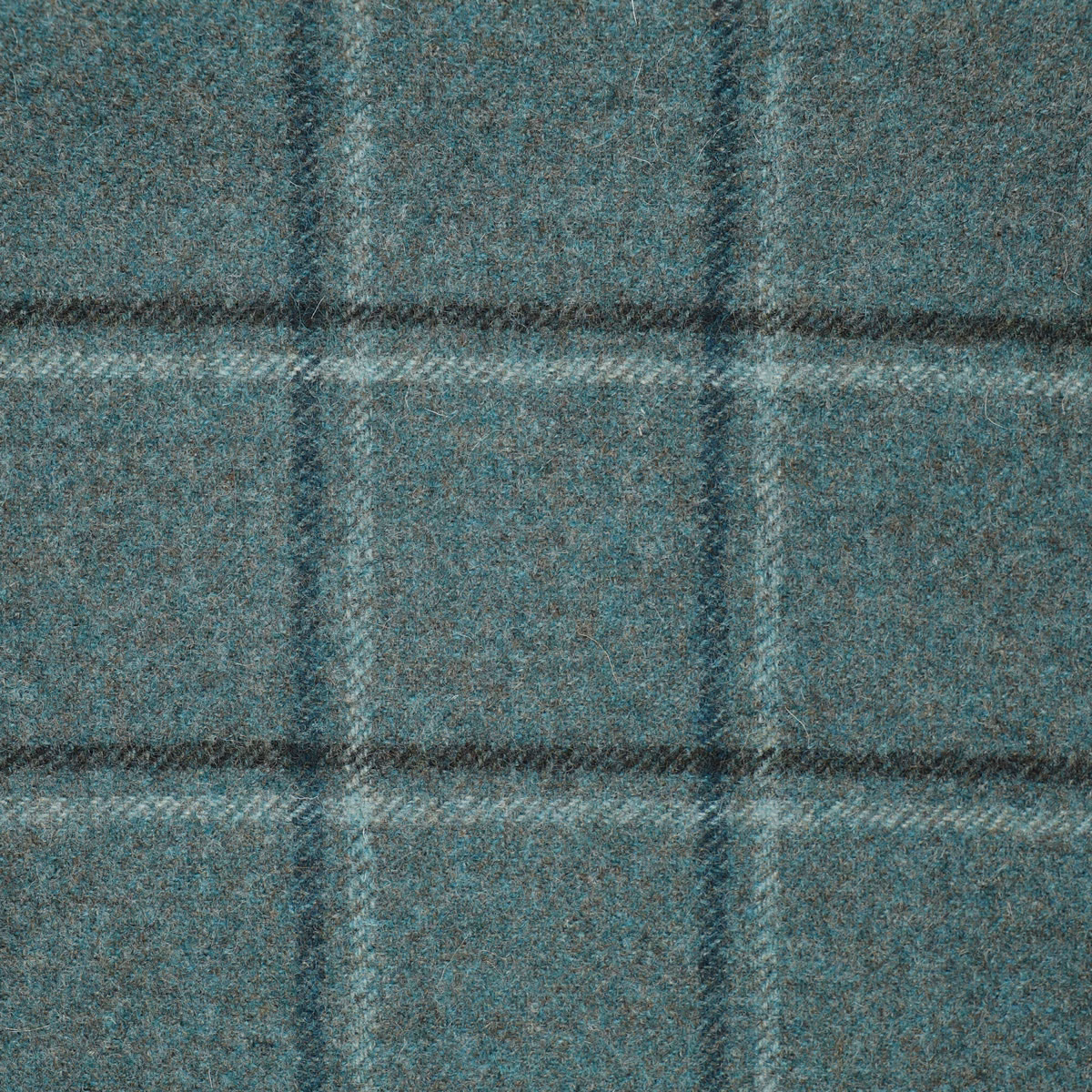 Mottled sea-teal woven fabric with broad charcoal windowpane checks and nubby texture