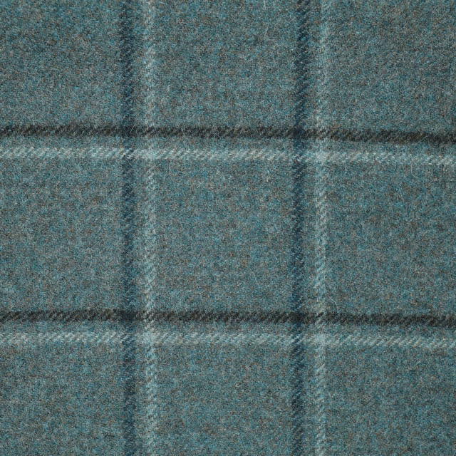 Mottled sea-teal woven fabric with broad charcoal windowpane checks and nubby texture