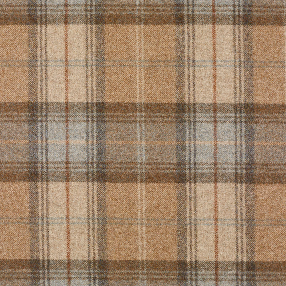 Muted tan plaid with blue-grey bands, brown checks and fine russet lines
