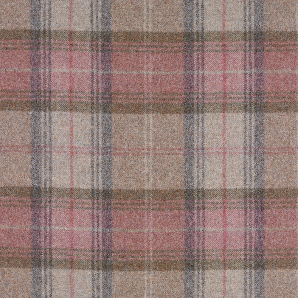 Muted heather pink, taupe and charcoal plaid with a soft textured weave