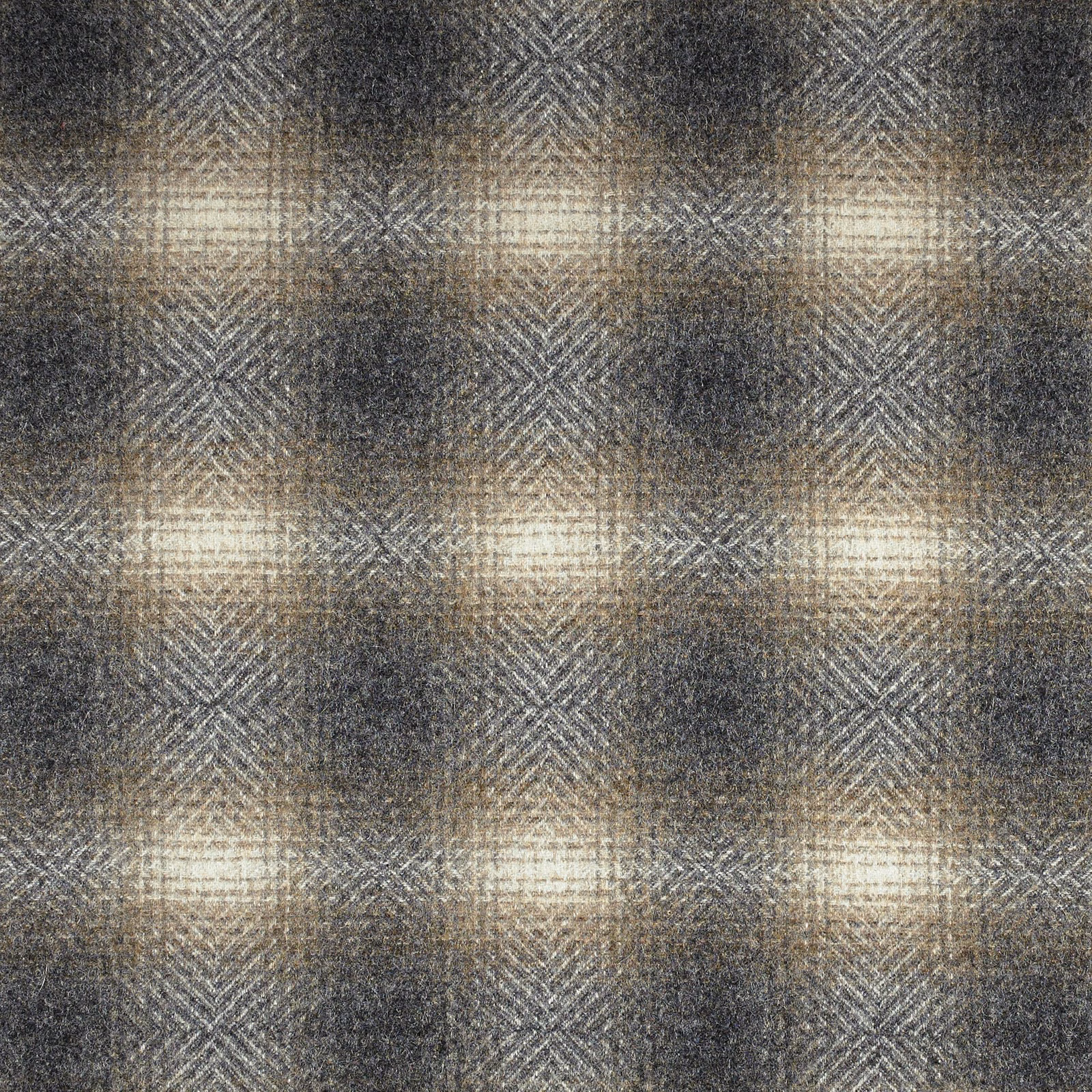 Taupe-grey checked upholstery fabric with cream highlights and fine diagonal woven texture