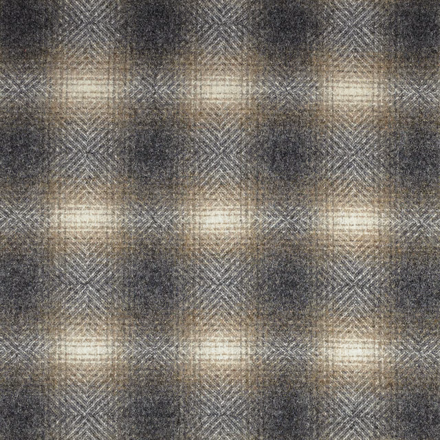 Taupe-grey checked upholstery fabric with cream highlights and fine diagonal woven texture