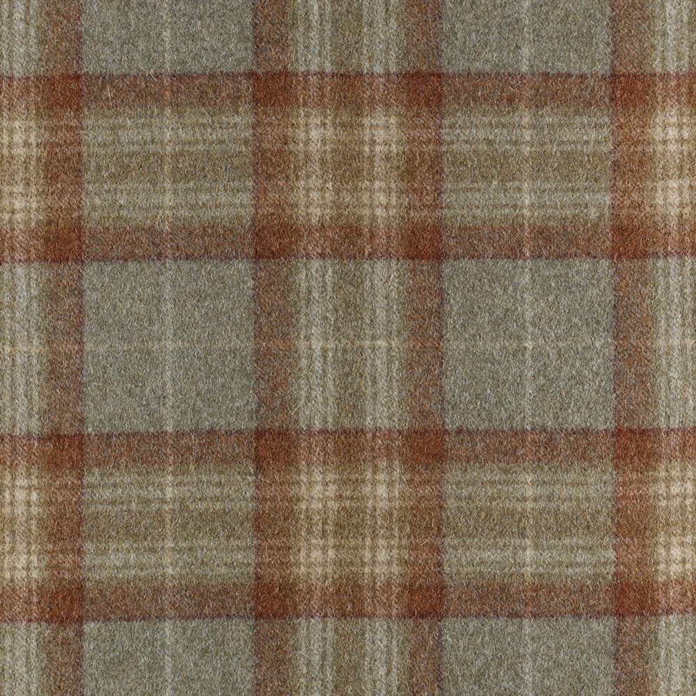 Muted grey-green plaid fabric with rust-brown bands and a softly napped weave