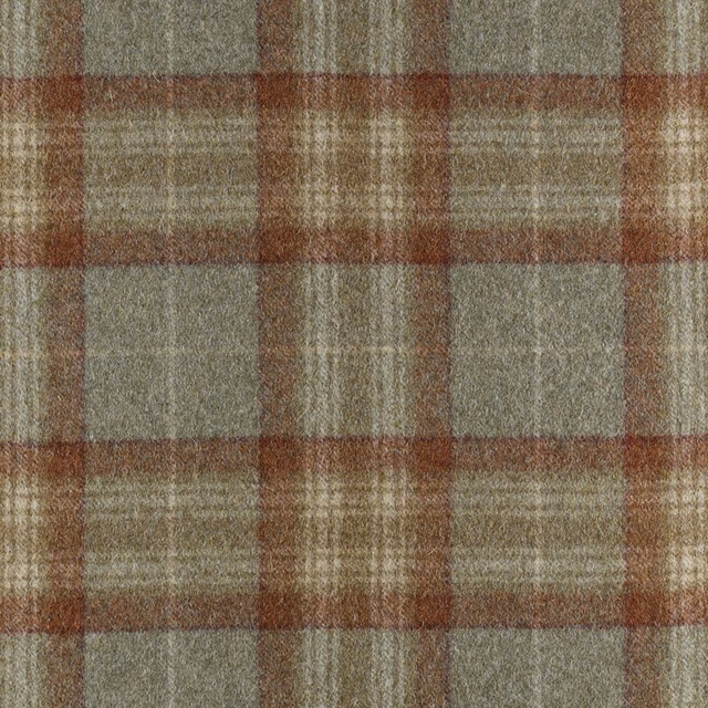 Muted grey-green plaid fabric with rust-brown bands and a softly napped weave
