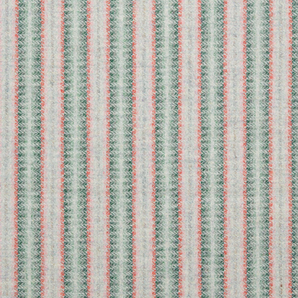 Aqua, coral and cream vertical stripe fabric with a softly nubby woven texture