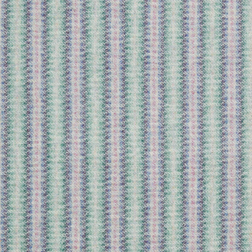 Pale mint woven fabric with narrow lilac, blue and grey vertical stripes