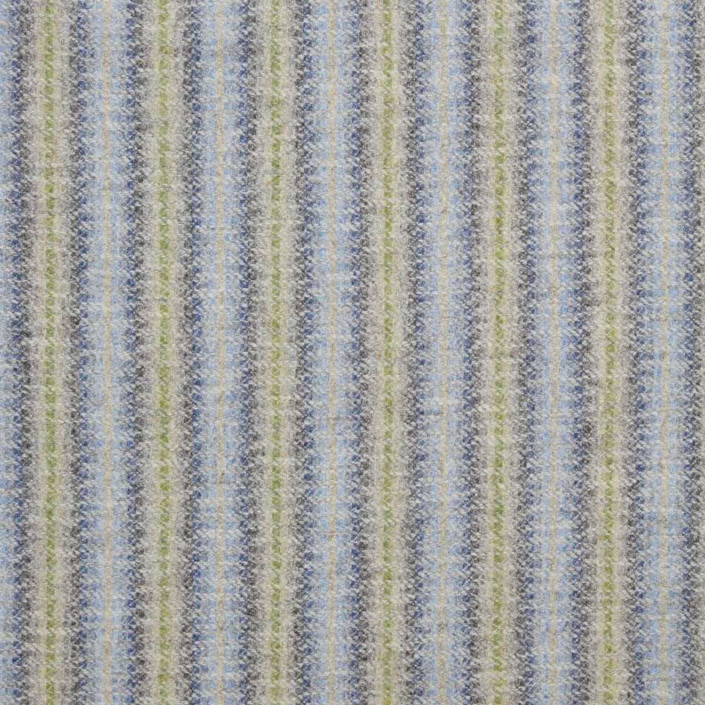 Textured silver fabric with denim blue and soft green vertical woven stripes