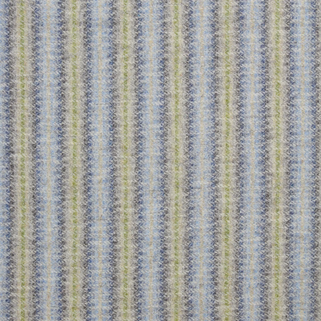 Textured silver fabric with denim blue and soft green vertical woven stripes