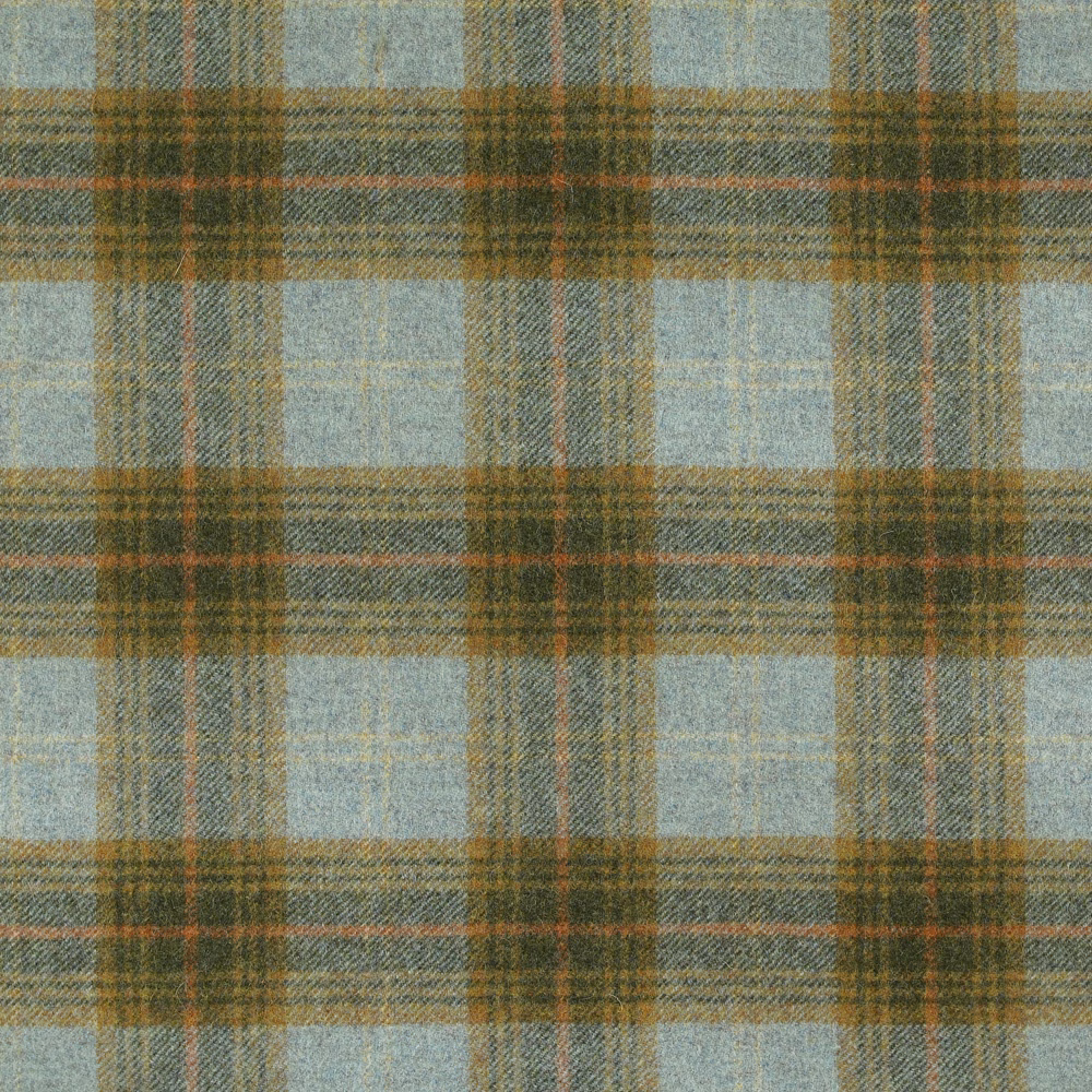 Muted eau de nil plaid with olive-brown bands and a softly textured weave