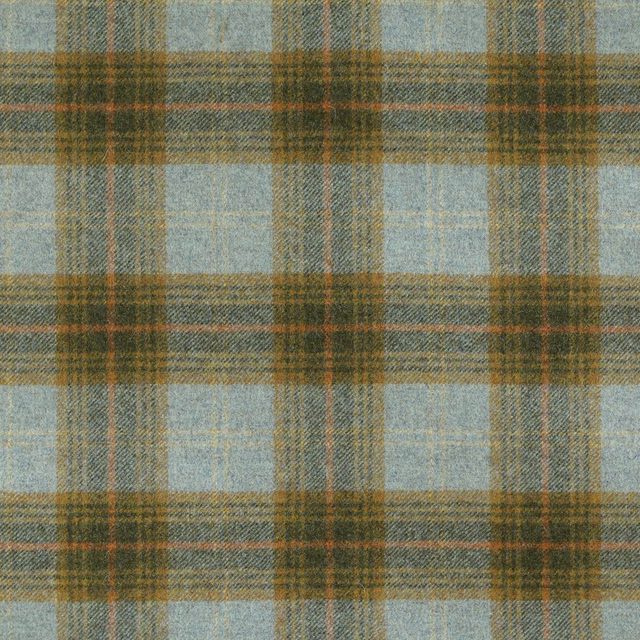Muted eau de nil plaid with olive-brown bands and a softly textured weave