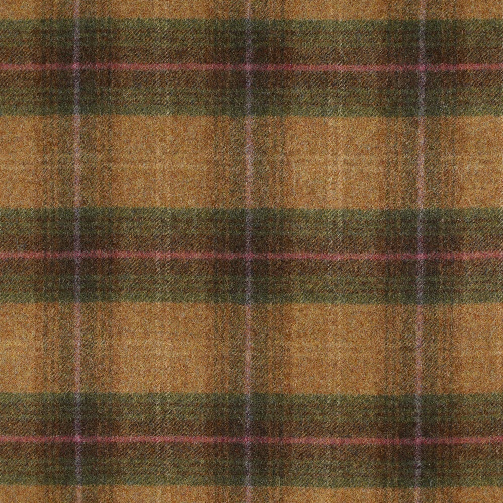 Textured ochre, olive and muted pink large plaid fabric with broad woven checks