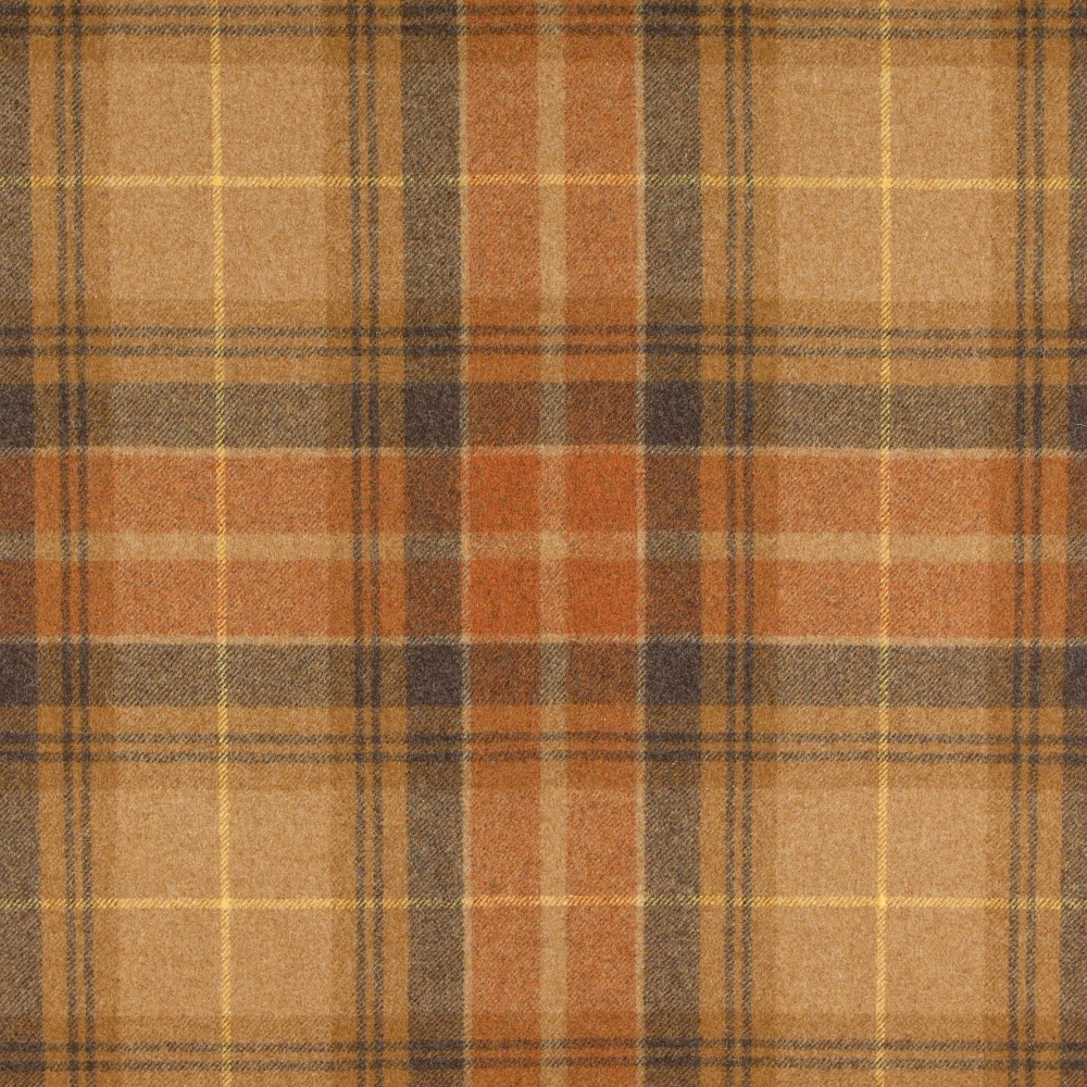 Warm caramel plaid fabric with rust, charcoal and pale gold woven lines