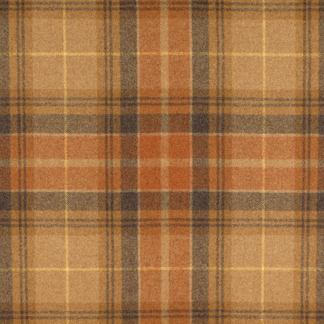 Warm caramel plaid fabric with rust, charcoal and pale gold woven lines