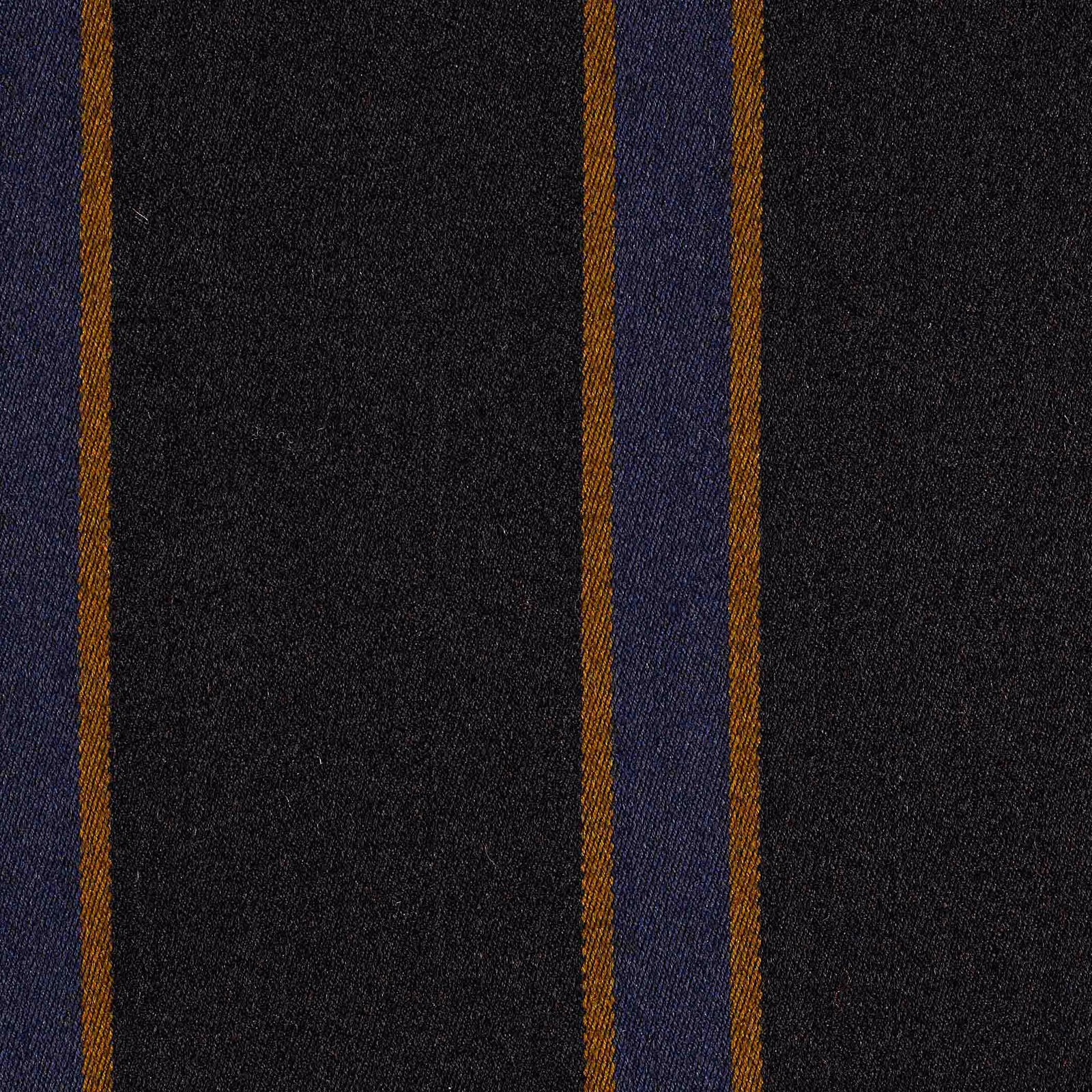 Charcoal-black woven fabric with narrow ochre and indigo vertical stripes