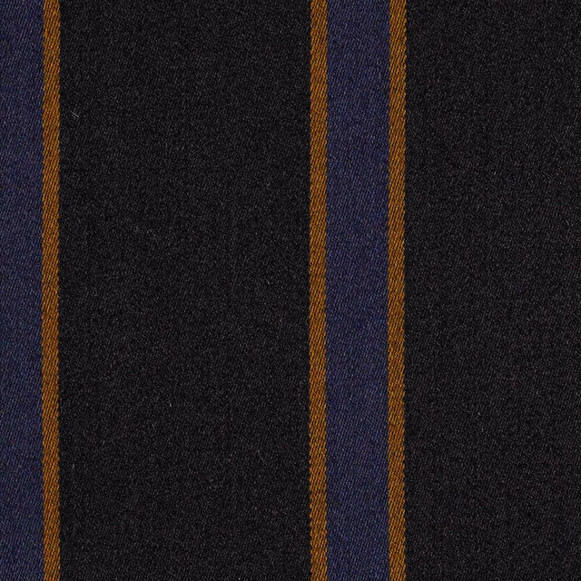 Charcoal-black woven fabric with narrow ochre and indigo vertical stripes