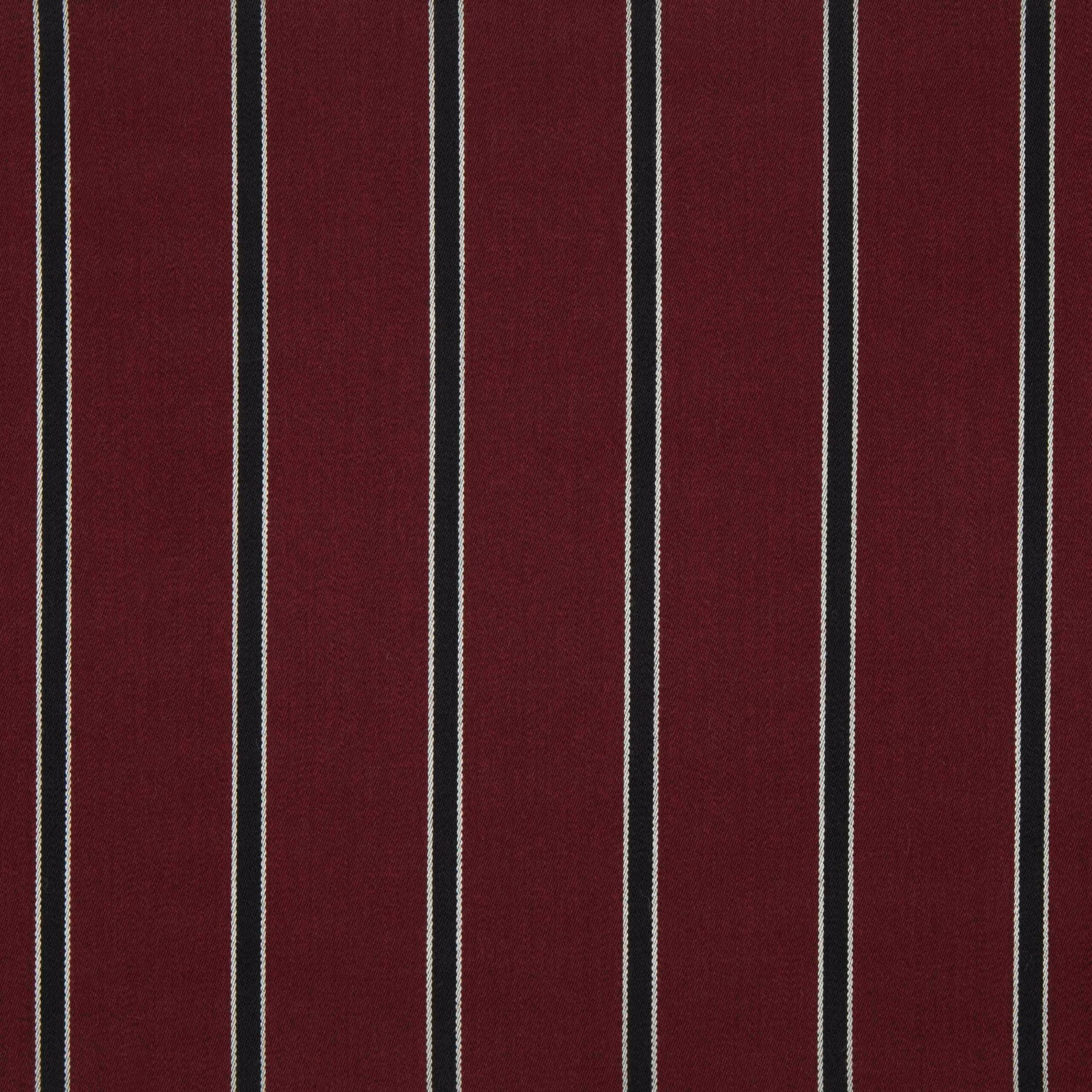 Deep burgundy woven ground with slim cream and charcoal vertical stripes