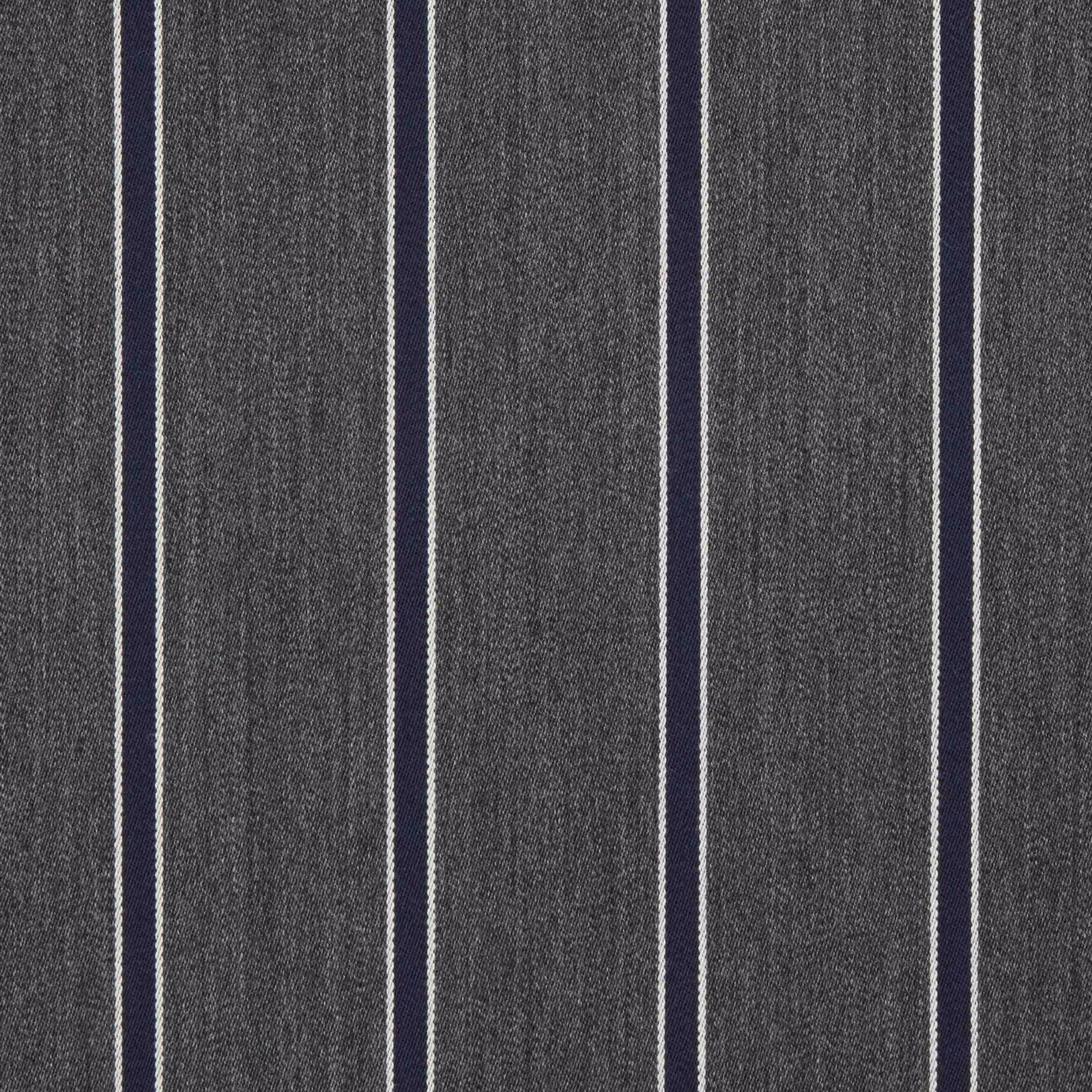 Charcoal-grey woven fabric with navy vertical stripes and fine cream edging