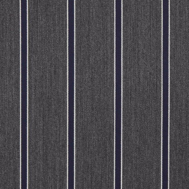 Charcoal-grey woven fabric with navy vertical stripes and fine cream edging