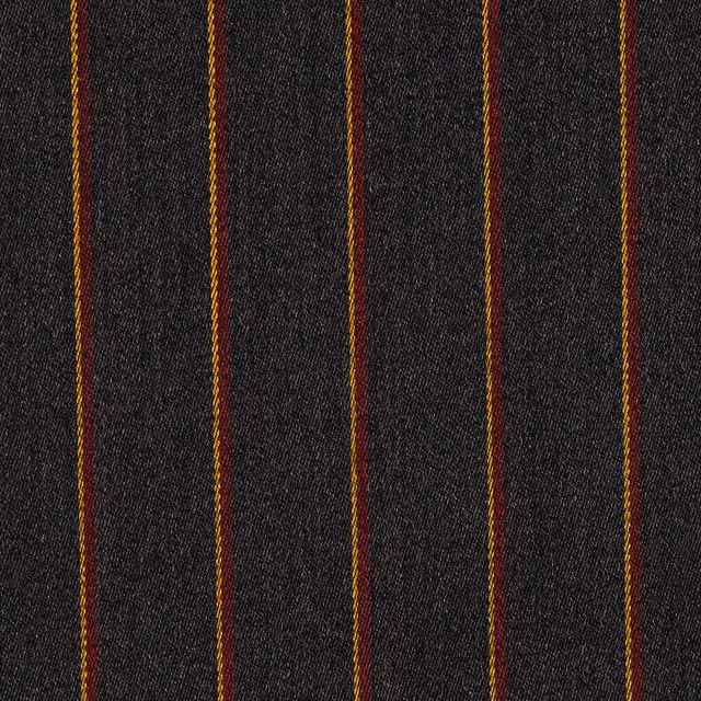 Charcoal woven fabric with narrow gold and burgundy vertical stripes