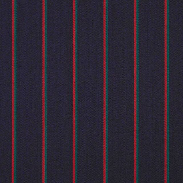 Dark navy woven fabric with narrow vertical red and teal stripes