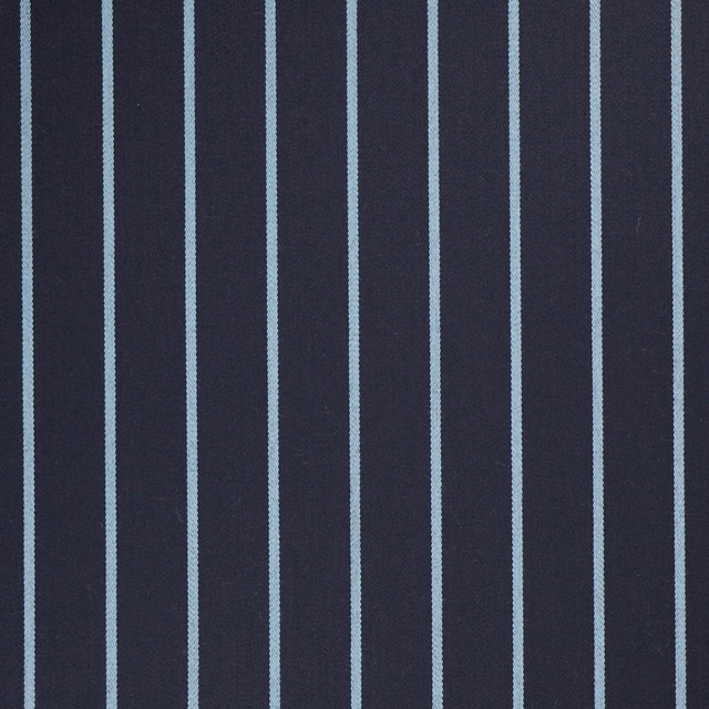 Deep navy woven fabric with evenly spaced narrow pale blue vertical stripes