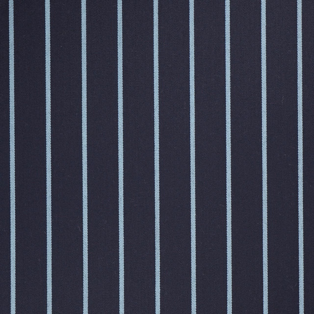 Deep navy woven fabric with evenly spaced narrow pale blue vertical stripes