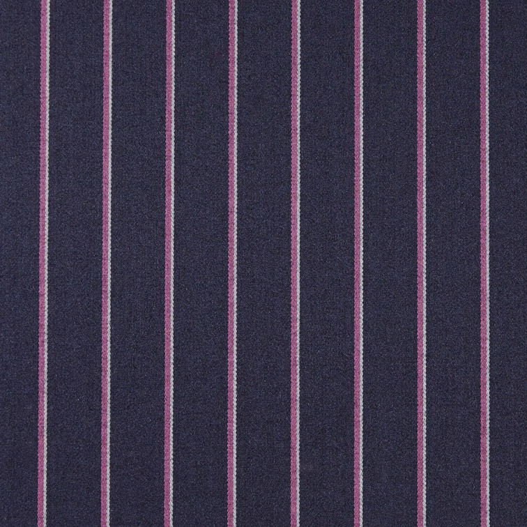 Ink-blue woven ground with evenly spaced mauve and pale pink pinstripes