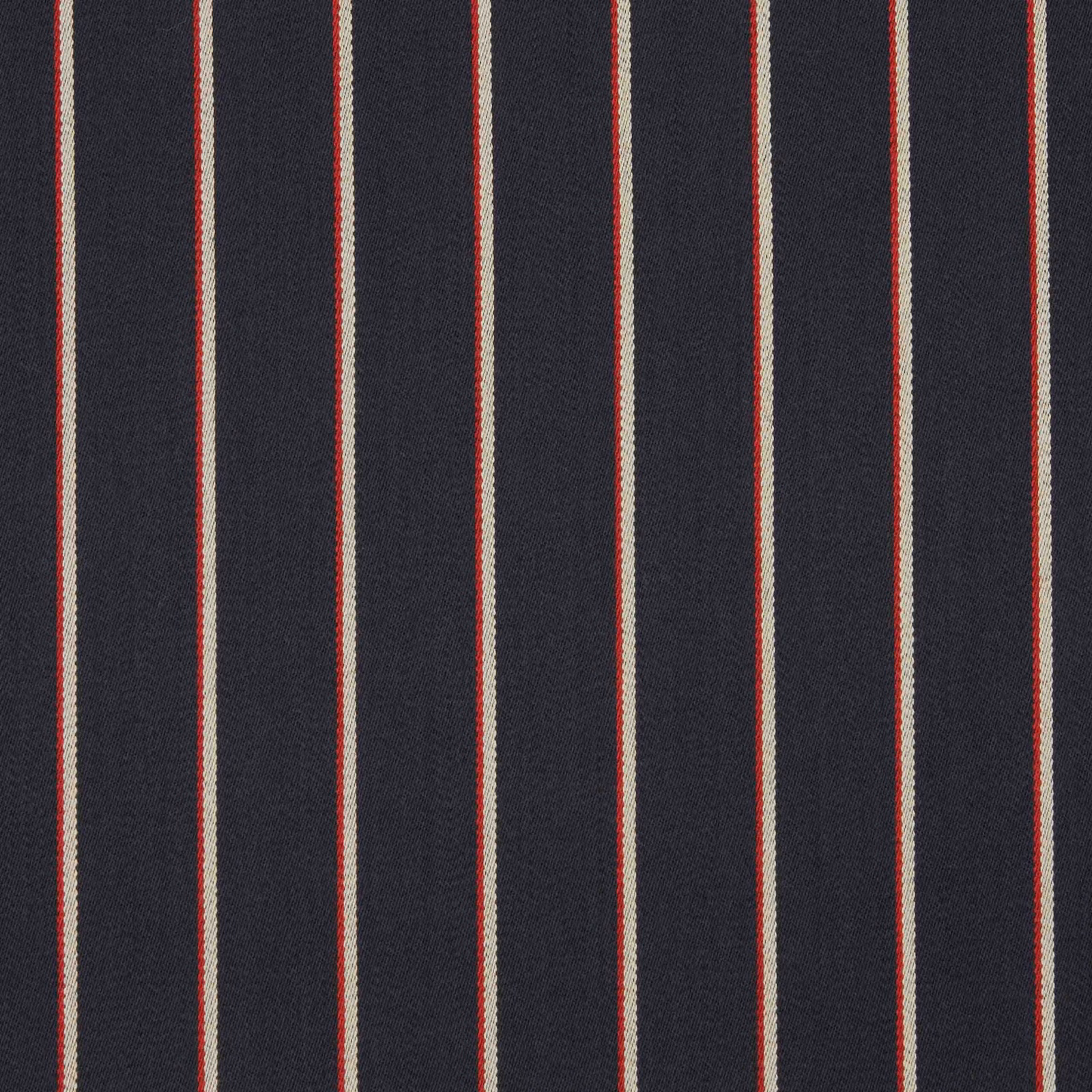 Deep charcoal woven fabric with narrow cream and red vertical stripes