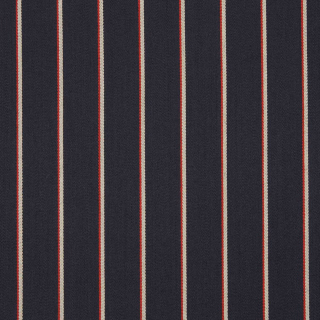 Deep charcoal woven fabric with narrow cream and red vertical stripes
