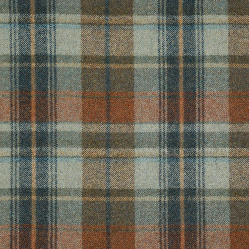 Cool aqua and rust woven plaid with charcoal lines and soft textured surface