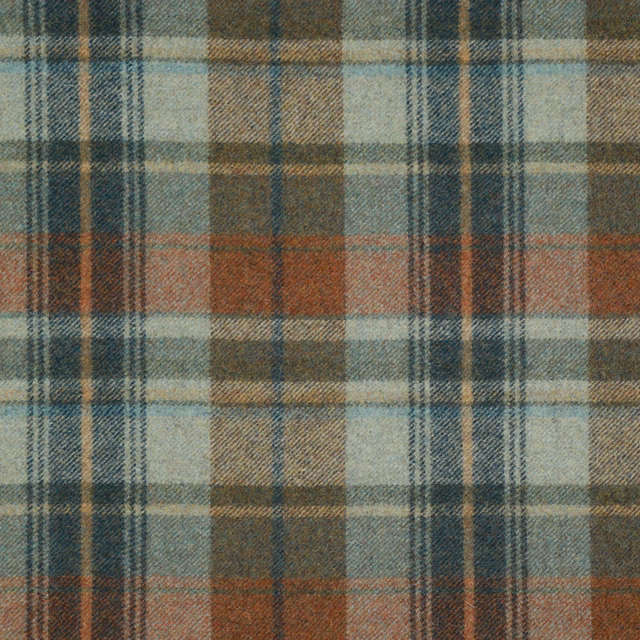 Cool aqua and rust woven plaid with charcoal lines and soft textured surface