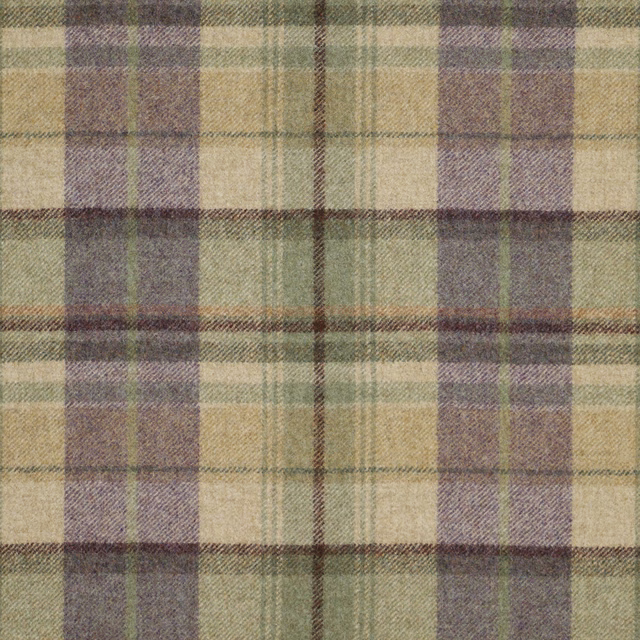 Muted lavender, sage and taupe plaid with a softly textured woven surface