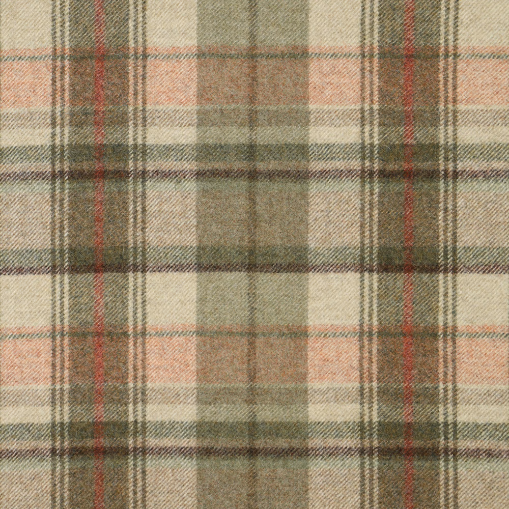 Muted sage plaid fabric with cream checks, taupe bands and fine red stripes