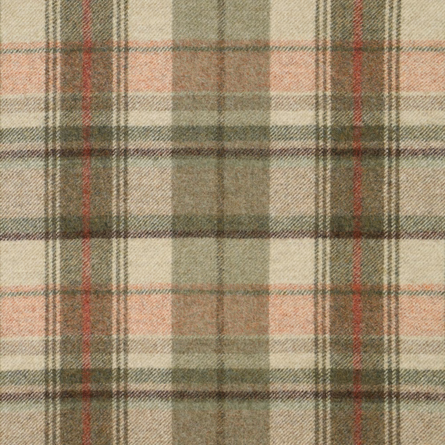 Muted sage plaid fabric with cream checks, taupe bands and fine red stripes