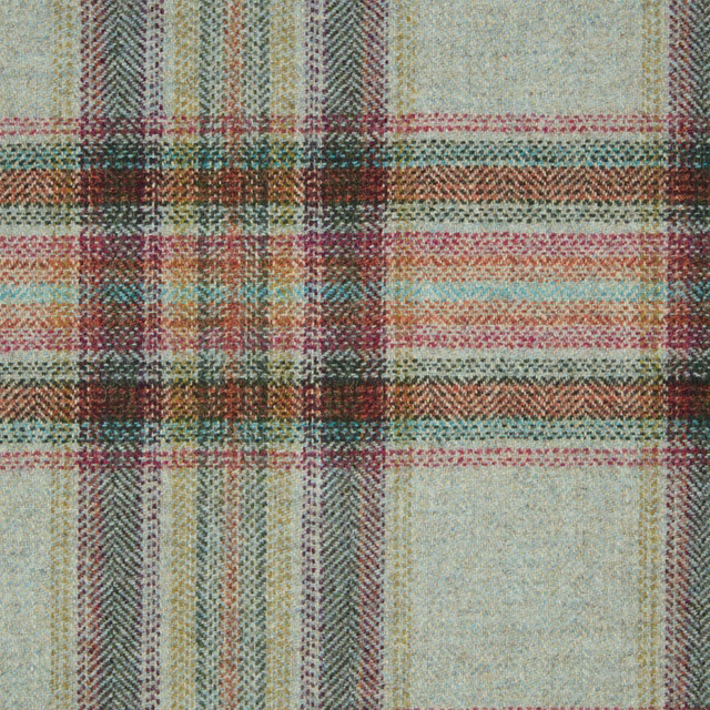 Muted aqua woven check with burgundy, ochre and cream textured stripes
