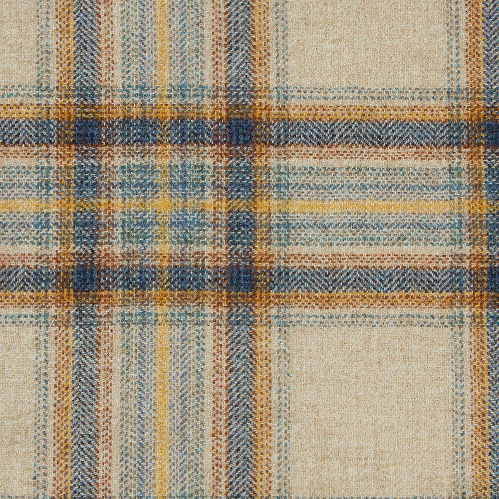Natural beige woven check with denim blue, mustard and rust intersecting bands