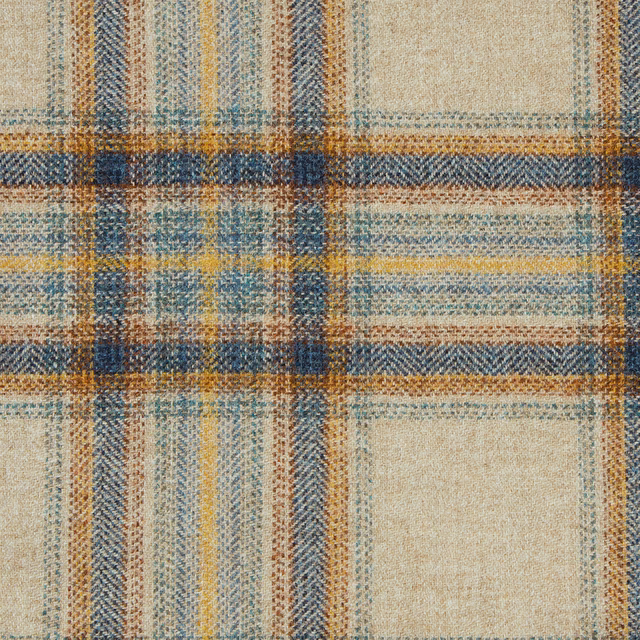 Natural beige woven check with denim blue, mustard and rust intersecting bands